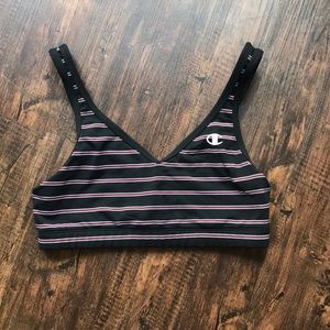 Champion sports bra in black, red, white stripes